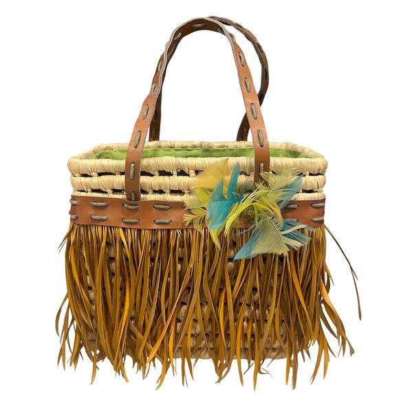 Vintage Bacamunda Bohemian Rattan Feather & Straw Tote Bag Made In Italy - Picture 1 of 10